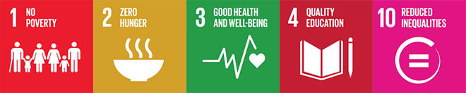  Goals :  1. no poverty, 2. zero hunger, 3. good health and well-being, 4. quality education, 10. reduced inequalities